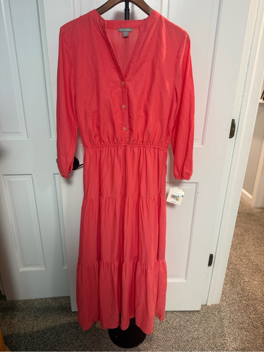 Falls Creek Coral Tiered Maxi Dress with Button Front V Neck Small